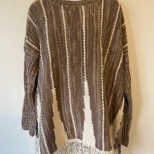 Womens (L) brown/cream tunic sweater with decorative fringe around the bottoms
